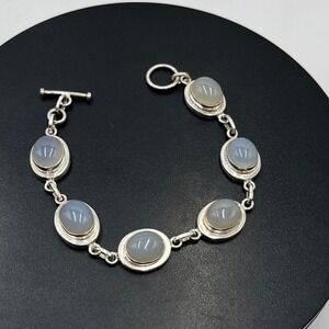 Vintage Sterling‎ Silver Bracelet Featuring Oval Bezel Rainbow Moonstone SZ 7.5